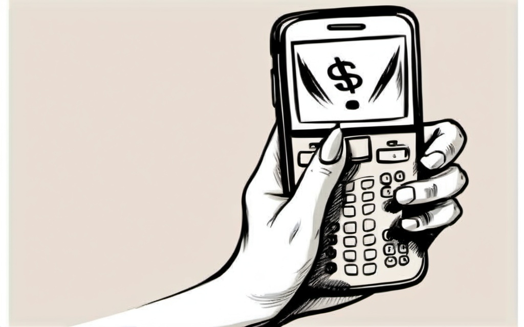 Prompt: Black and white line art cellphone held by woman's hand. the phone shows a dollar sign. all in the style of a comic.