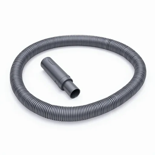 Prompt:  An illustrated, detailed view of the vacuum cleaner hose only. Flexible, coiled design with ribbed texture, made of durable plastic or rubber. Shown in a 3D perspective with realistic light and shadow. Include connection ends or nozzles, but exclude other vacuum components or background—just the hose as a standalone object."