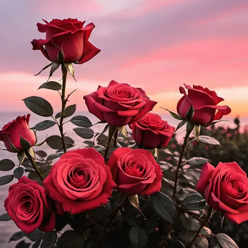 Prompt: can you make an aesthetic picture of 
 red roses with the beatiful sunset colour on it. 