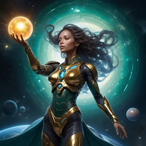 Prompt: A breathtaking cosmic panorama, where a colossal, female Transformer stands tall and majestic against the backdrop of a swirling galaxy. Her gleaming metallic body is an elegant fusion of alien technology and awe-inspiring beauty, with a predominant color scheme of sapphire blues and emerald greens that mirror the nebulae around her. Her silhouette is reminiscent of an ancient Greek goddess, with intricate armor plating sculpted into flowing robes that ripple in the zero-gravity environment. Her arms, which can transform into a pair of sleek, high-powered laser cannons, are gracefully outstretched, holding a planet-sized sphere of crackling energy, a symbol of her power to manipulate and harness the forces of the universe. Her face, a masterpiece of expressive detail, is a harmonious blend of human-like features and mechanical sophistication, reflecting a blend of fierce determination and ethereal serenity. Her eyes, twin stars of cerulean light, gaze into the vast expanse of space as if contemplating the mysteries of the cosmos. A golden halo of energy surrounds her, casting a warm glow on the floating debris of a space battlefield, hinting at her recent triumph over an intergalactic adversary. In the background, the remains of a shattered spacecraft form a dramatic contrast to the serene beauty of her form. The stars and distant planets provide a glittering tapestry that stretches into infinity, while a supernova in the distance illuminates the scene with a soft, pulsating glow. The female Transformer's presence commands the respect and admiration of the cosmos, serving as a beacon of protection and hope in the ever-expanding realms of space.