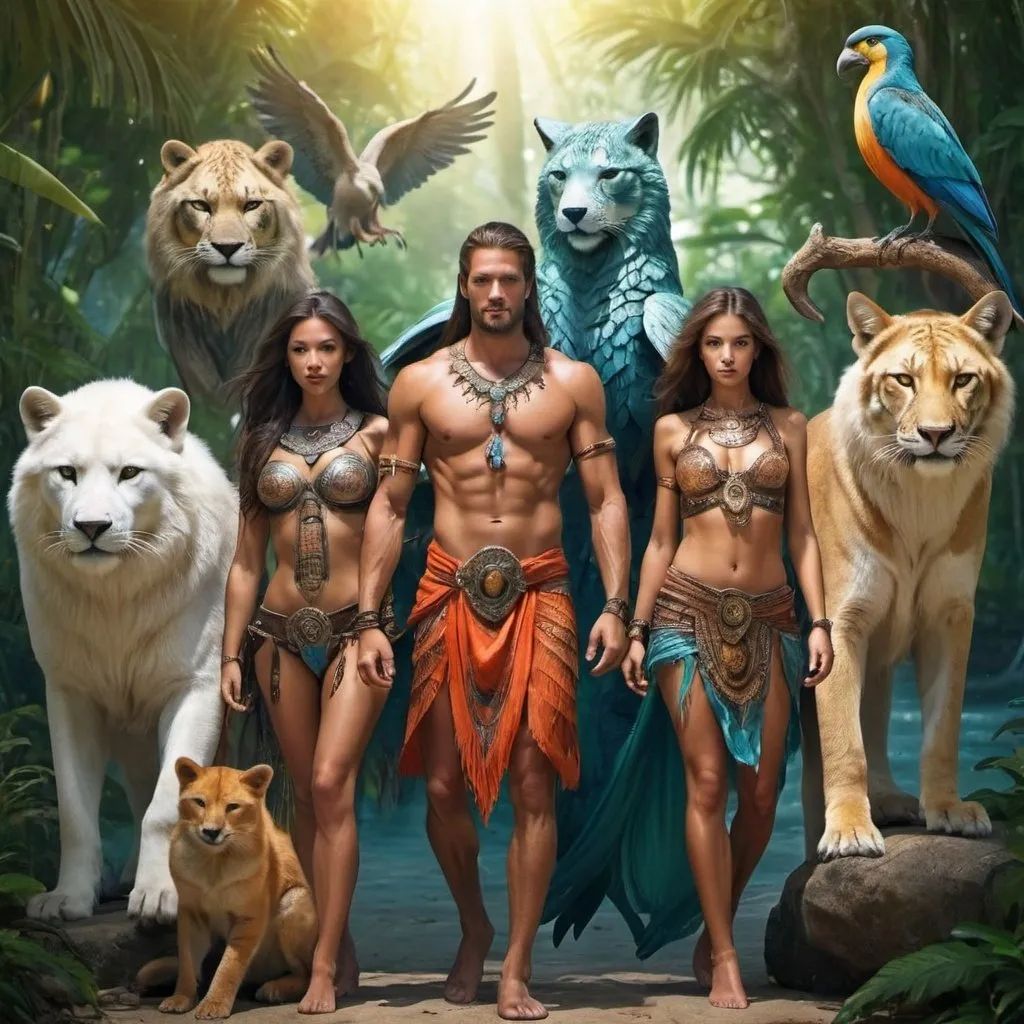 Prompt: 2 men and 3 women as animals guardians of paradise fantasy

