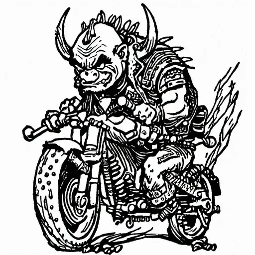 Prompt: image will be a line drawing with white ink on a black background.
Subject is an orc riding a Harley Davidson-style motorcycle with studded tires. The view will be head-on and from a low angle.
Orc has horns, one of them with a broken tip. Orc has flaring nostrils that are pierced with a huge septum ring. Orc has small piglike ears that have three random piercings in each ear. Orc is wearing a leather motorcycle jacket festooned with studs and spikes. The orc is wearing a Dwarves band t-shirt; shirt will be mostly obscured by the jacket. Orc will have a mohawk.