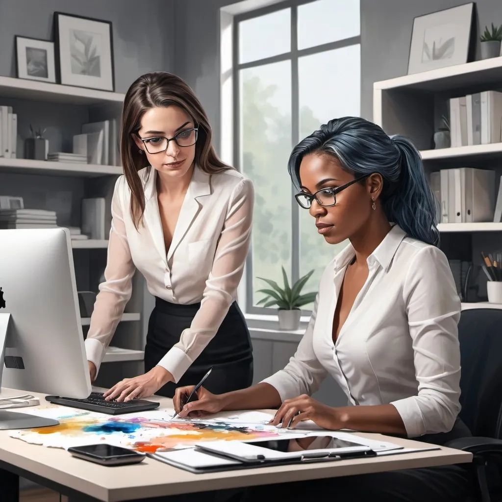 Prompt: 2 professional women working. in. a Home Office with technology in a digital painting style
