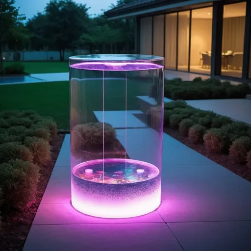 Prompt: A cylinder transparent water box with led color lights in the ground