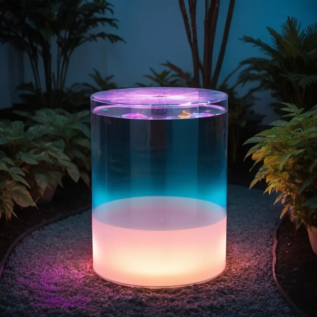 Prompt: A cylinder transparent water box with led color lights in the ground, with a low height