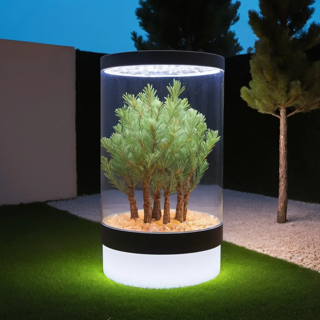 Prompt: A cylindrical transparent water box with led color lights in the ground, with 20cm height, rounded by pinus pinea 