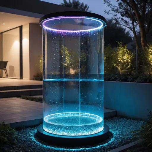 Prompt: A cylindrical transparent water box with led color lights in the ground