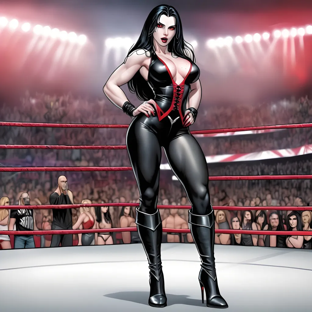 Prompt: a drop-dead gorgeous, female vampire, with red eyes and pale skin and long black hair, dressed provactively as a wwe wrestler including boots, full body reference, seen from a distance, SWF, comics style