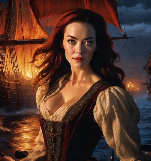 Prompt: Young and alluring Anne Wersching, as a +VAMPIRE+ with +glowing RED eyes+ and +FANGS bared+, dressed like 17th century noblewoman, aboard a pirate ship at night, harsh shadows, hyper-detailed, doc savage book cover, ultra resolution, dynamic lighting, dramatic pose, no text, from a distance