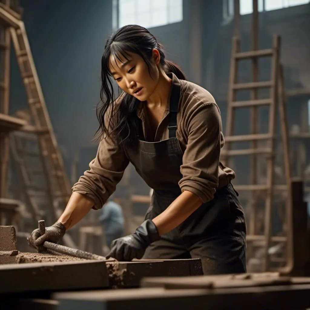 Prompt: <mymodel> dressed in a dirty artist smock standing on a scaffold with a hammer and chisel, tired and exhilarated as she's sculpting, behind her is a very large marble statue of "500", from a distance, warm lighting, ultra-detailed, 4K.