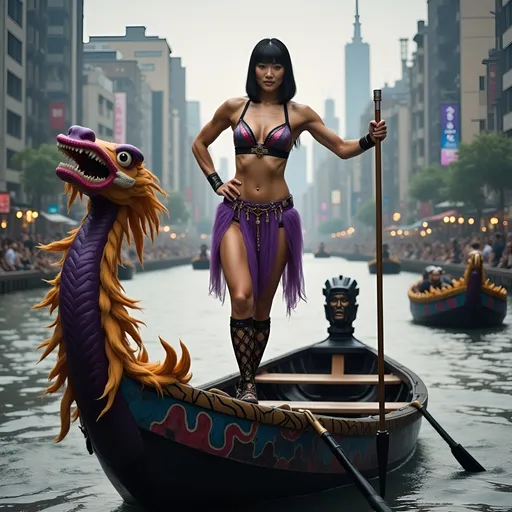 Prompt: lovely and toned and athletic young <mymodel> (chopped black hair and bangs), dressed traditionally for the Dragon Boat Festival, proudly standing at the bow of a Chinese longboat (featuring a colorful dragon's head bow), one foot on the rail, holding a decorated boat oar,  photographic, hyper-detailed, seen from a distance