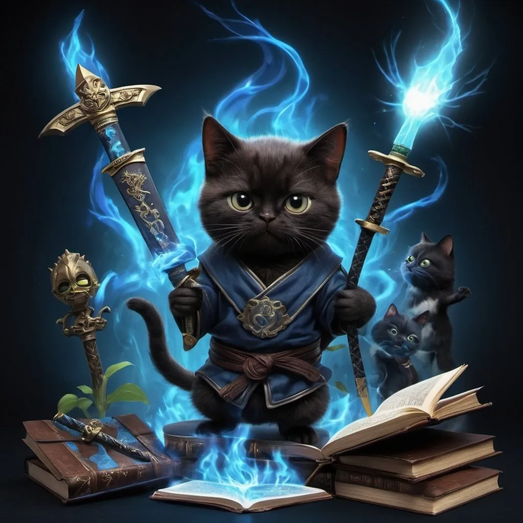 Prompt: Blue flames, blue flowers,green lightning, chocolate background, katana, flying book, black cat, several minions,
