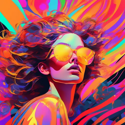 Prompt: Digital art of a girl enveloped in neon light shades. Her glasses mirror the vibrant colors, and her appearance is akin to flowing metal. The UHD resolution brings out every detail, and the golden light casts a shimmering effect. The design is characterized by bold lines, radiant colors, and a throwback retro aesthetic.