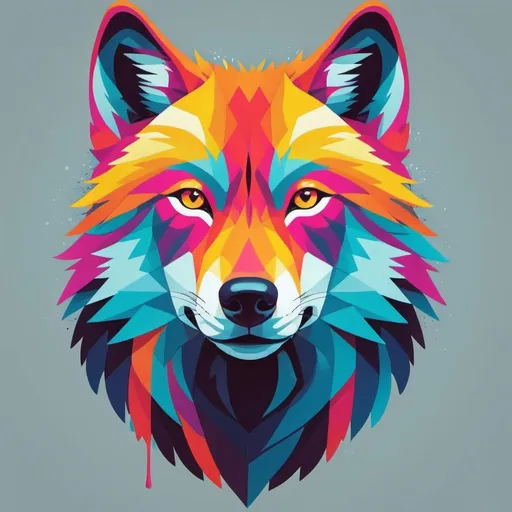 Prompt: Vibrant depiction of a wolf using minimal design elements and bright colors