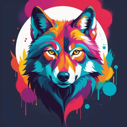 Prompt: Vibrant depiction of a wolf using minimal design elements and bright colors