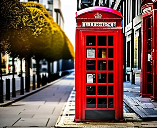 Prompt: realistic image of a red telephone booth in London street, clear building features, street in the background, cinematic, 35mm lens, f/1.8, accent lighting, global illumination, —uplight —v 4 —q 2 —