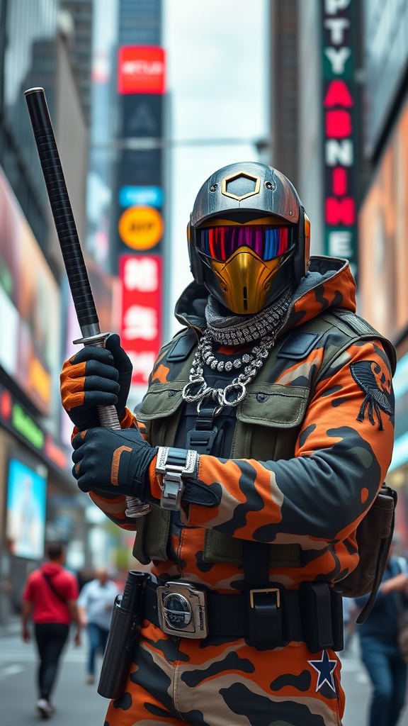 Prompt: Create a picture of a soldier wearing hip hop street wear clothes with shiny blings on neck holding steel nunchucks in new york times square . The clothes must be futuristic and colorful. 