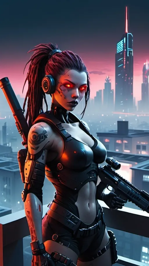 Prompt: A cyborg assassin is at the roof top with a sniper and assault rifle . The buildings in the background are cyber punk and there are flying vehicles all around . The time is midnight. Cyborg has red glowing eyes and the picture must look terrifying.