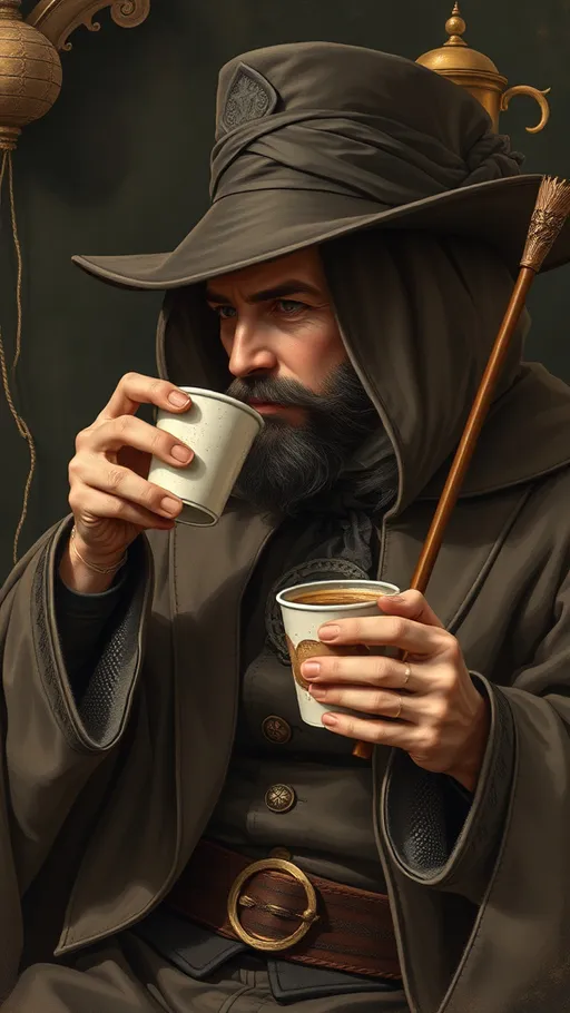 Prompt: Create a picture of a vintage magician living in 2024 drinking starbucks coffee. The magician must be with a wand and a shroud . 
