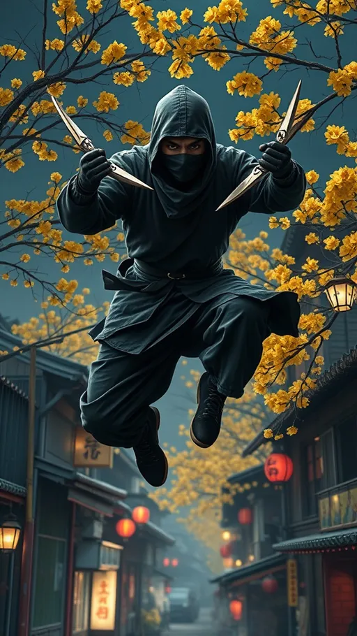 Prompt: Create a picture of a ninja with shuriken in the hands and jumping over buildings . The background must be Japanese market in midnight with golden flowers on the trees. The ninja must be covered in black cloth and metal shards.