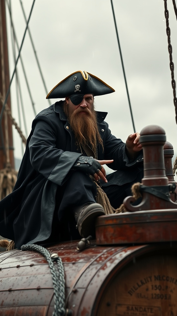 Prompt: A Pirate with black eye patch and a big beard . The clothes of the pirate must include long coat made of silk black colored . Pirate riding a big cruise ship with weapons and barrels . The environment must be cloudy and acid rain. Make it rain in picture and pirate sitting on a barrel.