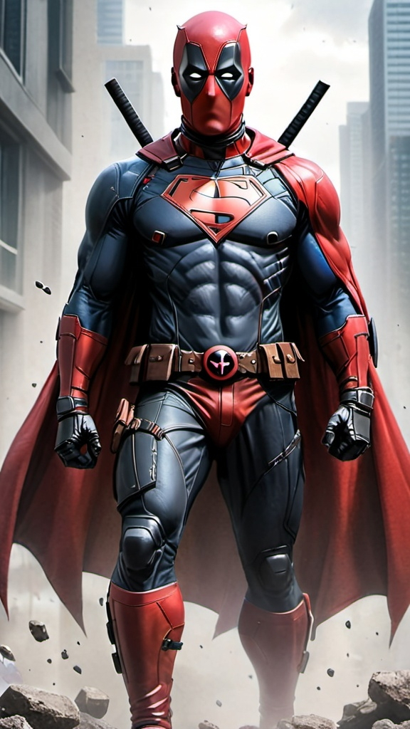 Prompt: Create an image where there is a fusion between deadpool and superman. 