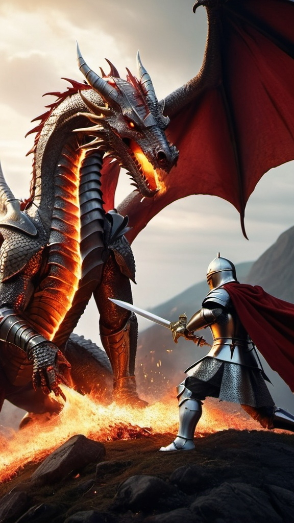 Prompt: A knight with a shining armor fighting a dragon spitting fire . The knight has a shield made of red metal and a shining golden sword. The fight is happening on a hill top and its blood rain all over the place. Make it look scary and medival. Make it look realistic 