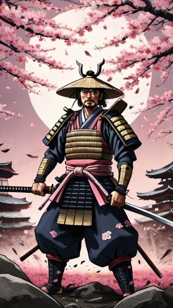 Prompt: A japanese samurai is standing undefeated with hundreds of enemies lying on the ground. Samurai has a straw hat and two swords . There are sakura in the background and it’s midnight. 