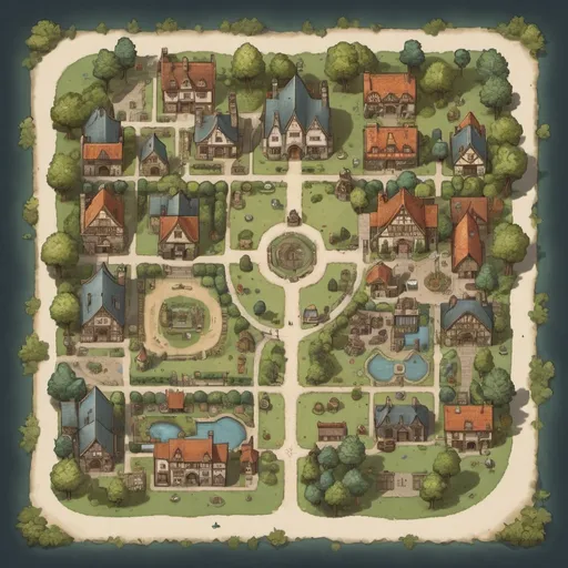 Prompt: A 2d top down map of a village with a village square, a museum, a tavern, cottages, a forest to the North, botanical gardens to the south, a large manor house with gardens and fields, and a small grove of trees to the East