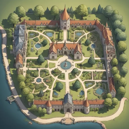 Prompt: A 2d top down map of a city with a village square, a palace , a tavern, cottages, a forest to the east, botanical gardens to the south, a large lake on the north edge, a large manor house with gardens and fields, a temple