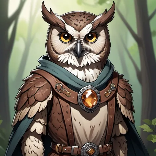 Prompt: A owl humanoid character for a dnd campaign in a world habitated by animal with human features, in a cartoon style 