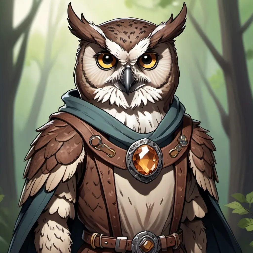 Prompt: A owl humanoid character for a dnd campaign in a world habitated by animal with human features, in a cartoon style 