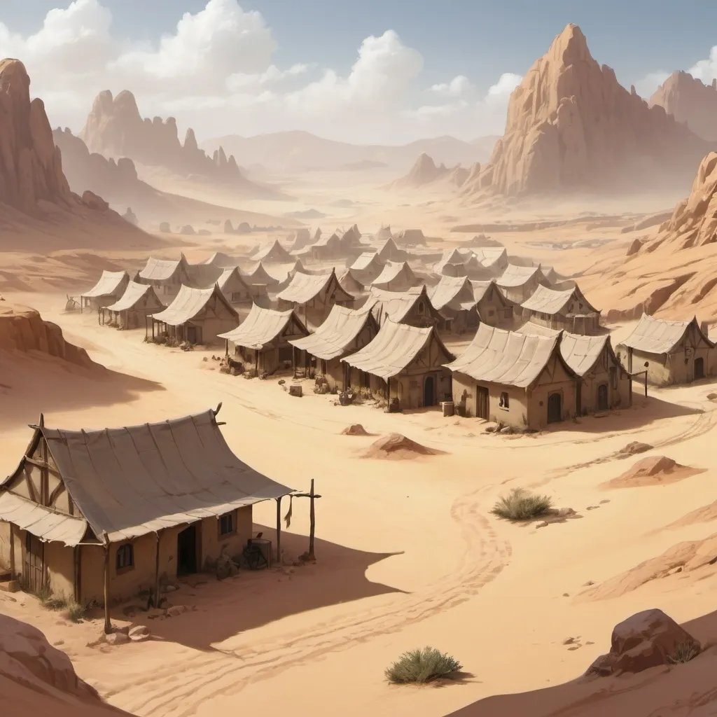 Prompt: A village in the desert. Background image for theatre of the mind for a dnd campaign in a fantasy world 