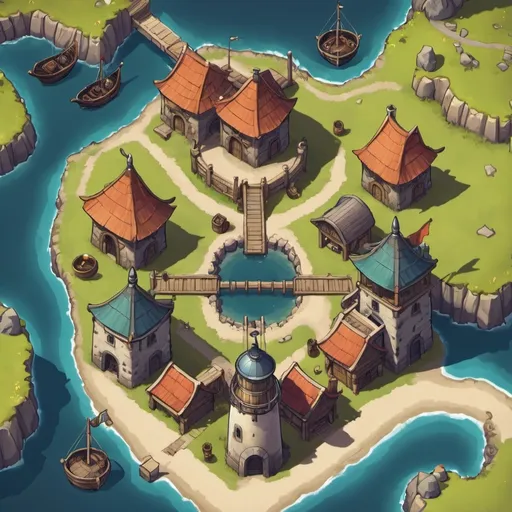 Prompt: A 2d top down map of a port village with a mage tower on the north side and a port to the south 