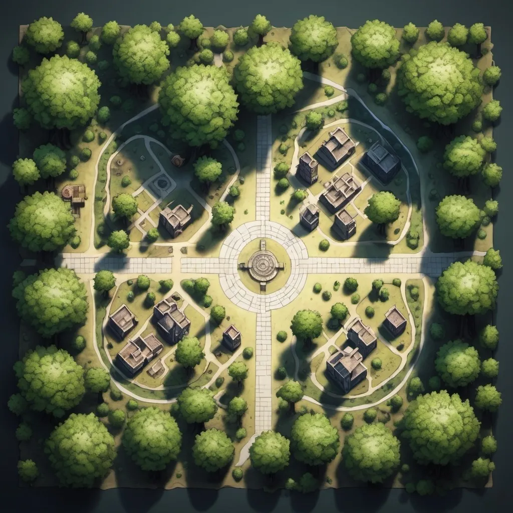 Prompt: A map of a city in the forest with a tree in the center square. Battle Map top view for a dnd campaign 