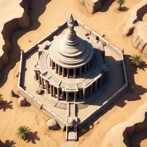 Prompt: A temple in a desert area that holds the relique of the goddess of war. Map top view 