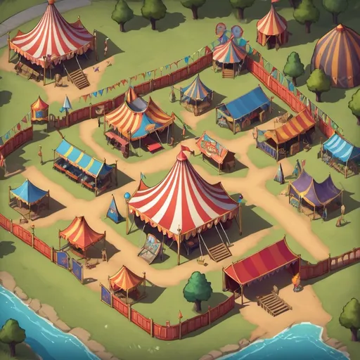 Prompt: A carnival faire 2D map with some game tents anda a big closed tent in the middle. The entrance is trow a big gate no the south area. 