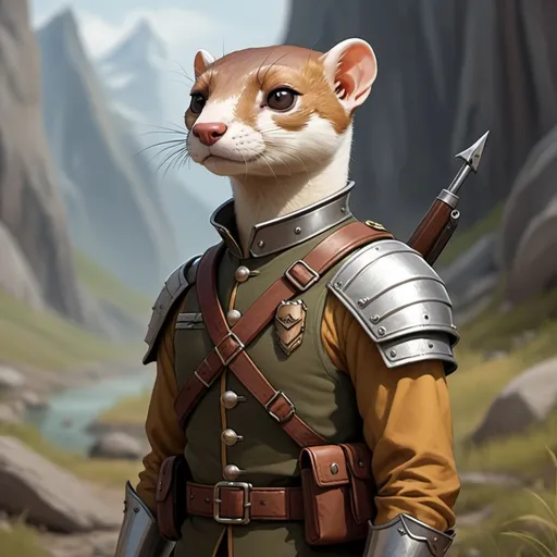 Prompt: A stoat humanoid soldier character for a dnd campaign in a world habitated by animal with human features, in a cartoon style 