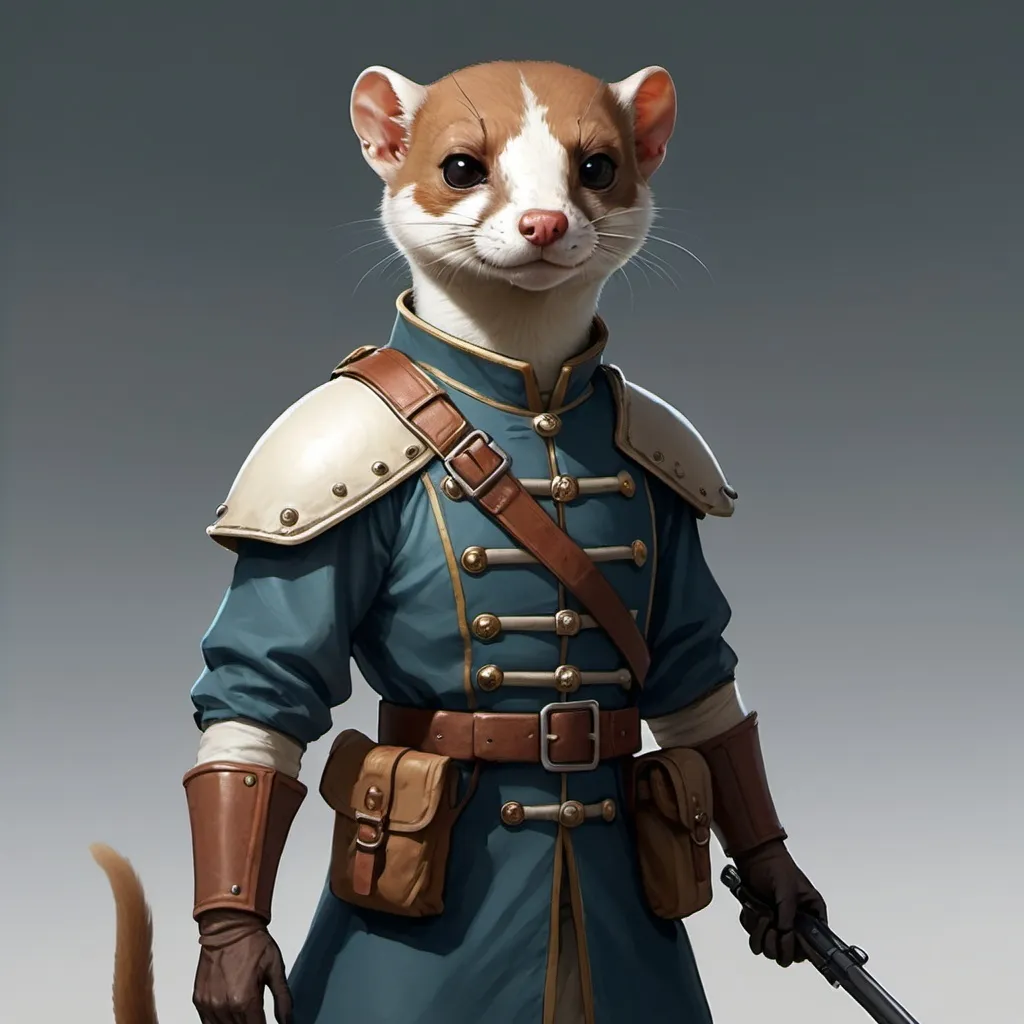 Prompt: A stoat humanoid soldier character for a dnd campaign in a world habitated by animal with human features 