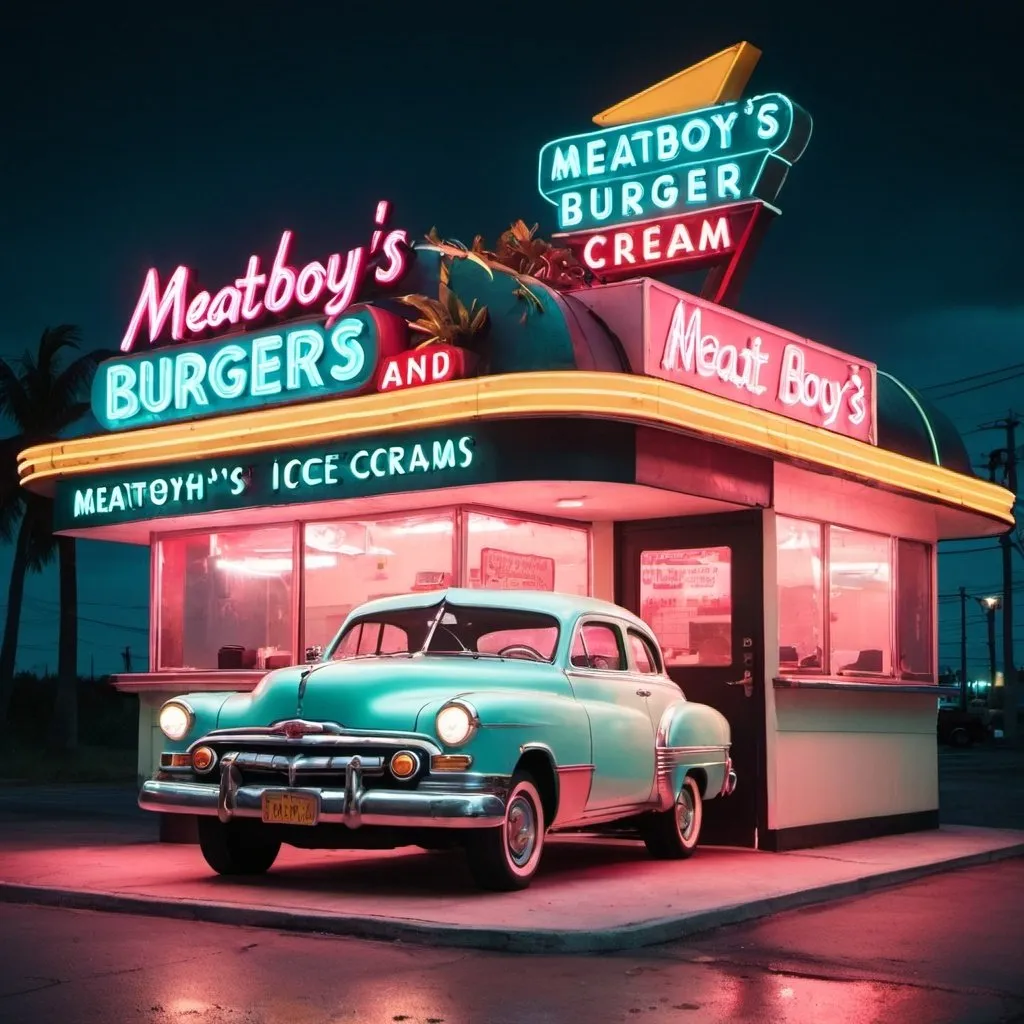 Prompt: tropical 80's retro diner with neon sign above saying "meatboy's burgers and ice cream"