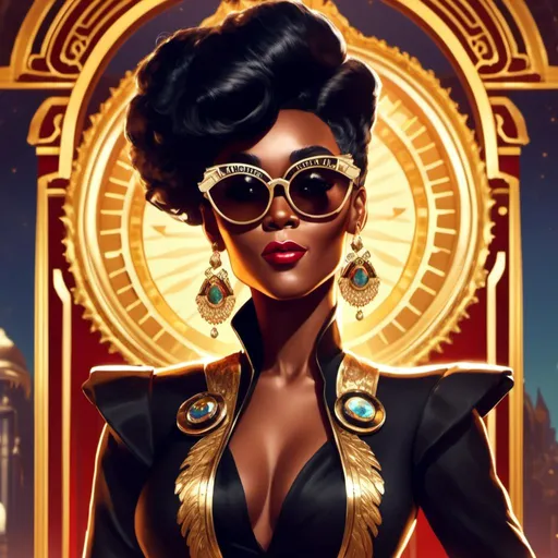 Prompt: A <mymodel> concept  character  design close-up portrait of  Janelle Monae  as a vintage  art  deco 
 socialite pin-up with  a curvy  lustful body  shape with a  round sunglasses and  a  silly smile

, neat and clear tangents full of negative space 

, ominous dramatic lighting with macabre somber shadows and highlights enhancing depth of perspective and 3D volumetric drawing

, colorful vibrant painting in HDR with shiny shimmering reflections and detailed contrasting ambient occlusion