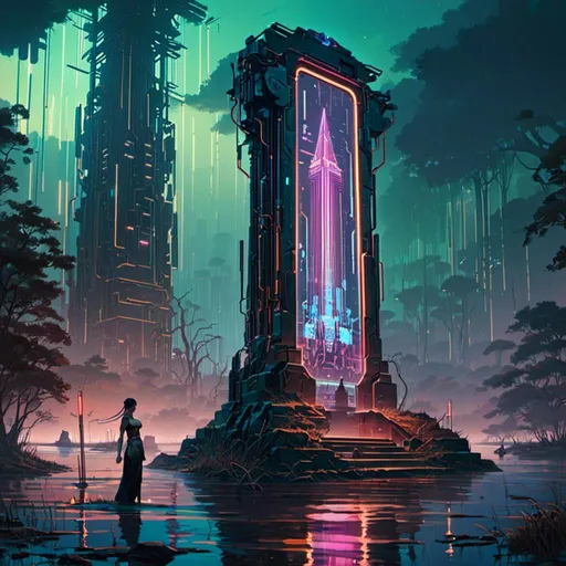 Prompt: A <mymodel> landscape artwork of ominous and gloomy 

obelisk

full of multicolored neon circuit board patterns glowing in the darkness


of a flooded mangroove



, a stunning Alphonse Mucha's masterpiece in  sci-fi retro-futuristic art deco artstyle by Anders Zorn and Joseph Christian Leyendecker

, neat and clear tangents full of negative space 

, a dramatic lighting with detailed shadows and highlights enhancing depth of perspective and 3D volumetric drawing

, a  vibrant and colorful high quality digital  painting in HDR