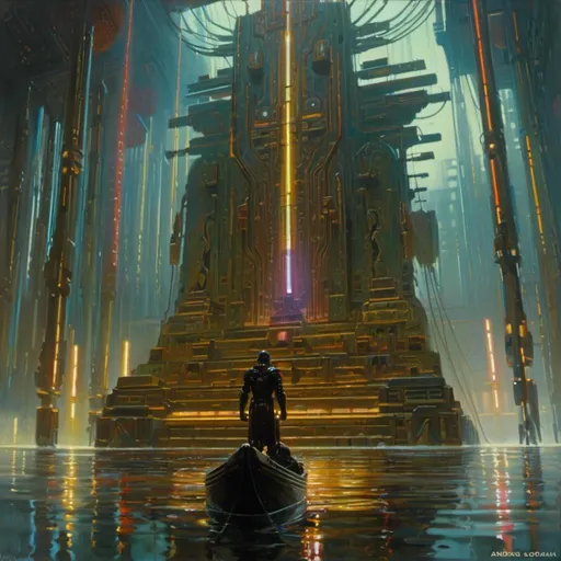 Prompt: A threatening sinister monolith 
in the middle of a gloomy flooded mangroove with multicolored circuitry carvings shedding flaring volumetric light shafts in the darkness 

, a stunning Donato Giancola masterpiece in <mymodel> retro-futuristic sci-fi arc deco artstyle by Anders Zorn and Joseph Christian Leyendecker 

, neat and clear tangents full of negative space 

, ominous dramatic lighting with detailed shadows and highlights enhancing depth of perspective and 3D volumetric drawing

, colorful vibrant painting in HDR with shiny shimmering reflections