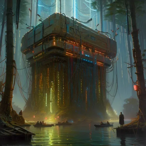 Prompt: A threatening sinister monolith 
full of multicolored circuitry carvings shedding flaring volumetric light shafts in the darkness of a gloomy flooded mangroove full of willow trees and  hanging cables

, a stunning Donato Giancola masterpiece in <mymodel> retro-futuristic sci-fi arc deco artstyle by Anders Zorn and Joseph Christian Leyendecker 

, neat and clear tangents full of negative space 

, ominous dramatic lighting with detailed shadows and highlights enhancing depth of perspective and 3D volumetric drawing

, colorful vibrant painting in HDR with shiny shimmering reflections