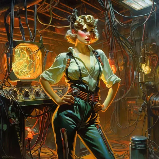 Prompt: An ominous and gloomy 

Atompunk pin-up electrician
in the  middle of  a doomed workshop

full of TV tubes with hanging 
 cables and multicolored neon circuitry glowing in the  darkness

, a stunning Alphonse Mucha's masterpiece in <mymodel> sci-fi retro-futuristic  art deco artstyle by Anders Zorn and Joseph Christian Leyendecker

, neat and clear tangents full of negative space 

, a dramatic lighting with detailed shadows and highlights enhancing depth of perspective and 3D volumetric drawing

, a  vibrant and colorful high quality digital  painting in HDR