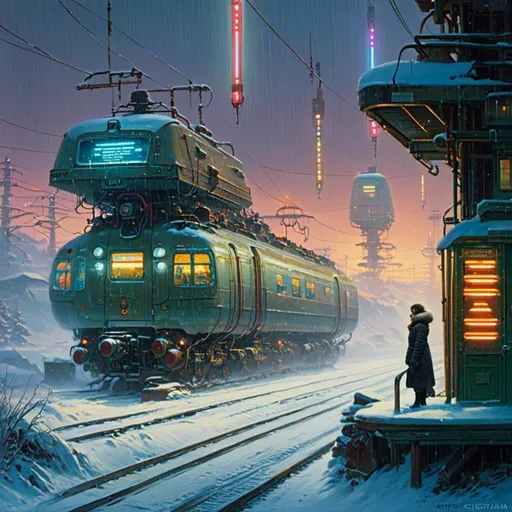 Prompt: A <mymodel> landscape artwork of a threatening  and somber artic station

 in the middle  
of a snowy thundra

full of multicolored neon circuit board patterns glowing in the snowstorm

, a stunning Donato Giancola's masterpiece in  sci-fi retro-futuristic art deco artstyle by Anders Zorn and Joseph Christian Leyendecker

, neat and clear tangents full of negative space 

, ominous dramatic lighting with detailed shadows and highlights enhancing depth of perspective and 3D volumetric drawing

, a  vibrant and colorful high quality digital  painting in HDR