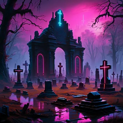 Prompt: An ominous and gloomy cemetery  
in the middle of a gloomy doomed swamp

full  of tombstones with 

multicolored neon circuitry glowing in the darkness 

, a stunning John Avon's masterpiece in <mymodel>  sci-fi cyberpunk artstyle by Brian Mashburn and Gustave Dore

, a  dramatic lighting with detailed shadows and highlights enhancing perspective depth  and 3D volumetric drawing 

, vibrant and colorful digital painting in HDR  