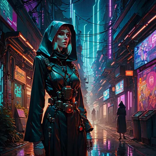 Prompt: A <mymodel> landscape artwork of a witch hunter nun 

 in the middle  
of a gloomy alley

full of multicolored neon circuit board patterns glowing in the darkness

, a stunning Alphonse Mucha's masterpiece in  sci-fi retro-futuristic art deco artstyle by Anders Zorn and Joseph Christian Leyendecker

, neat and clear tangents full of negative space 

, ominous dramatic lighting with detailed shadows and highlights enhancing depth of perspective and 3D volumetric drawing

, a  vibrant and colorful high quality digital  painting in HDR