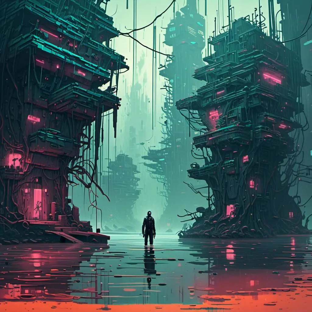 Prompt: An ominous flooded mangroove with an evil gloomy aura

, a stunning John Avon's masterpiece in <mymodel>  sci-fi cyberpunk artstyle 