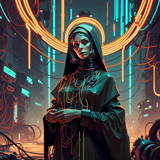 Prompt: An ominous and gloomy 

Nun 
in the  middle of a doomed junkyard

full of hanging hoses and multicolored neon circuitry glowing in the  darkness

, a stunning Alphonse Mucha's masterpiece in <mymodel> sci-fi retro-futuristic  art deco artstyle by Anders Zorn and Joseph Christian Leyendecker

, neat and clear tangents full of negative space 

, a dramatic lighting with detailed shadows and highlights enhancing depth of perspective and 3D volumetric drawing

, a  vibrant and colorful high quality digital  painting in HDR